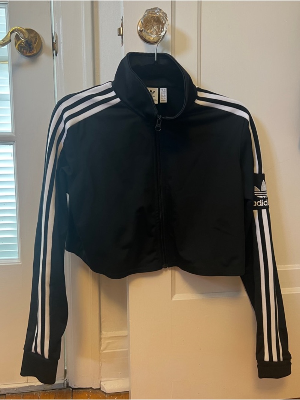 adidas Black Cropped Bomber Jacket with White Stripes